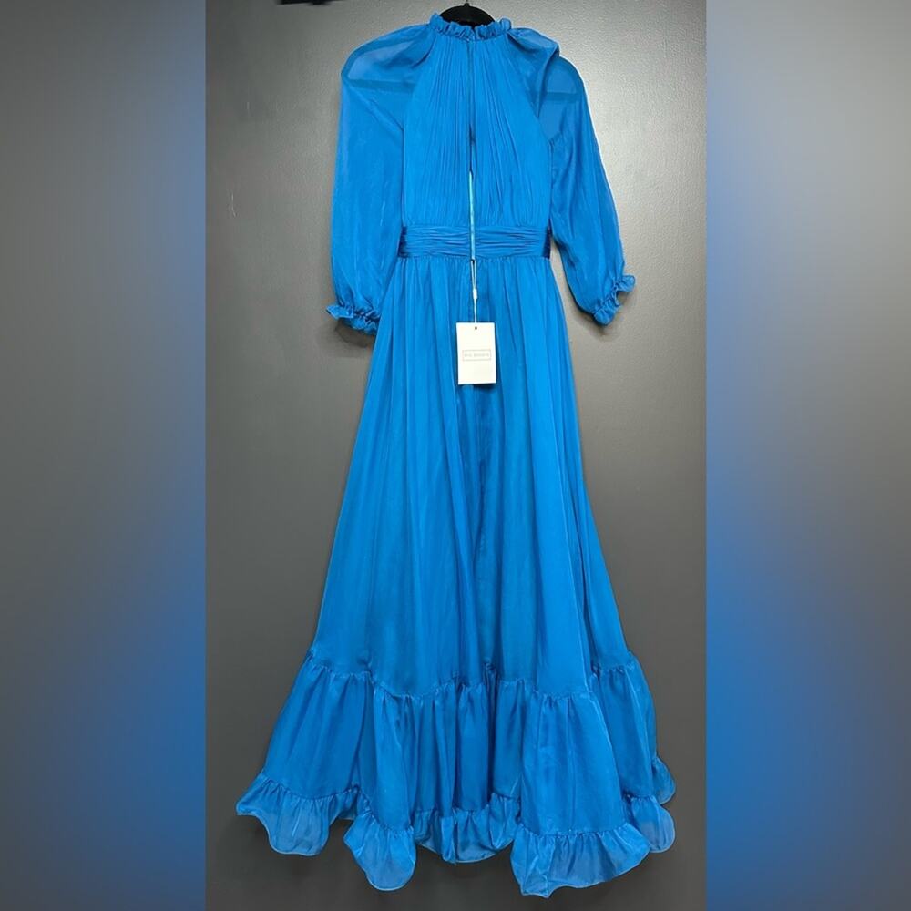 NWT Mac Duggal 68225 Chiffon Ruched Illusion Raglan Sleeve Ruffled Gown Ocean 4 - Picture 6 of 7